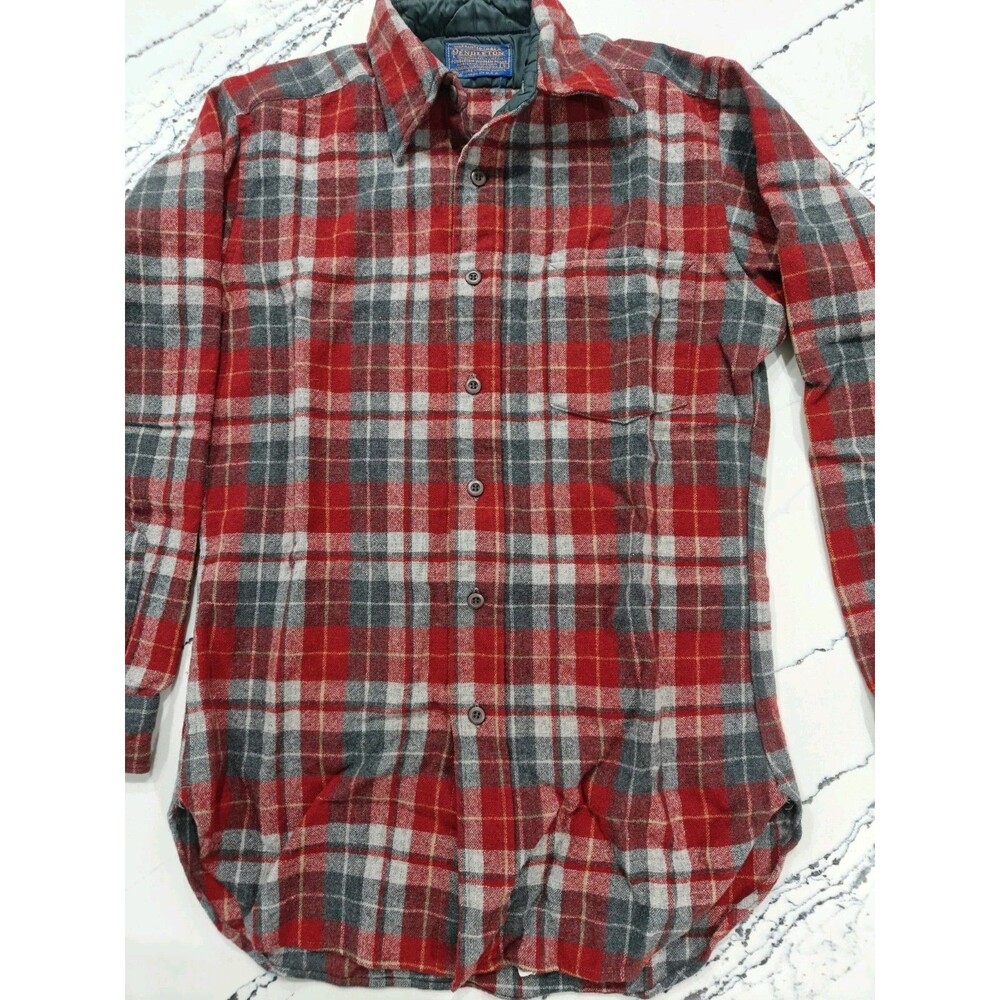 Vintage Pendleton Shirt Mens Small Red Grey Plaid Flannel Wool Made USA